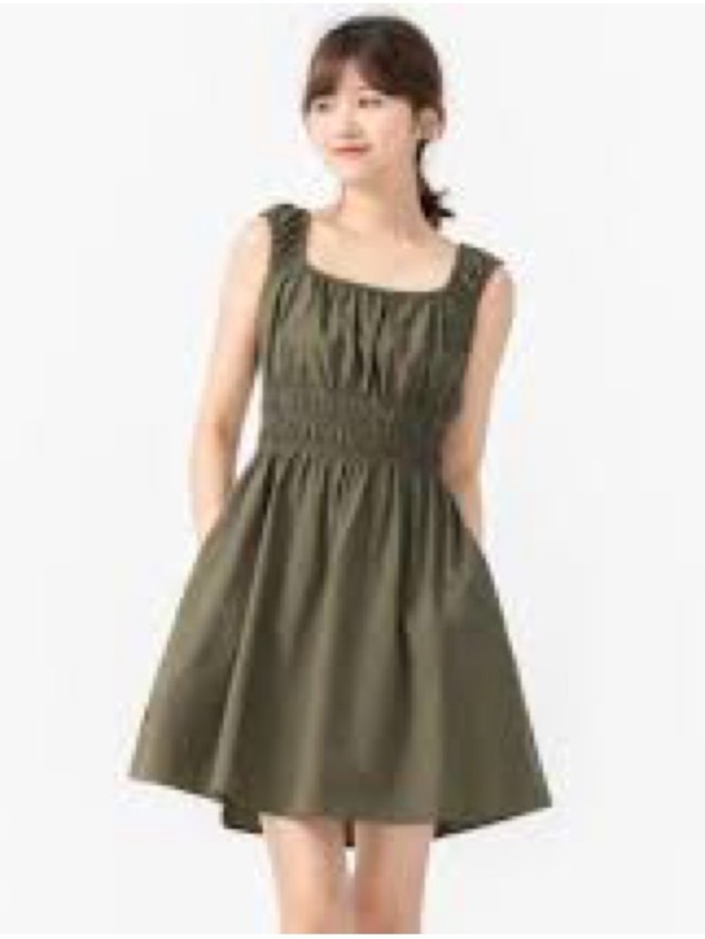 Uniqlo Olive Green Smocked Waist Midi Dress